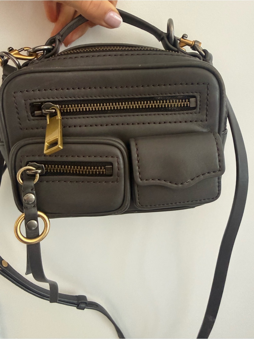 Rebecca Minkoff Dark Gray Leather Compact Crossbody with Gold Hardware
